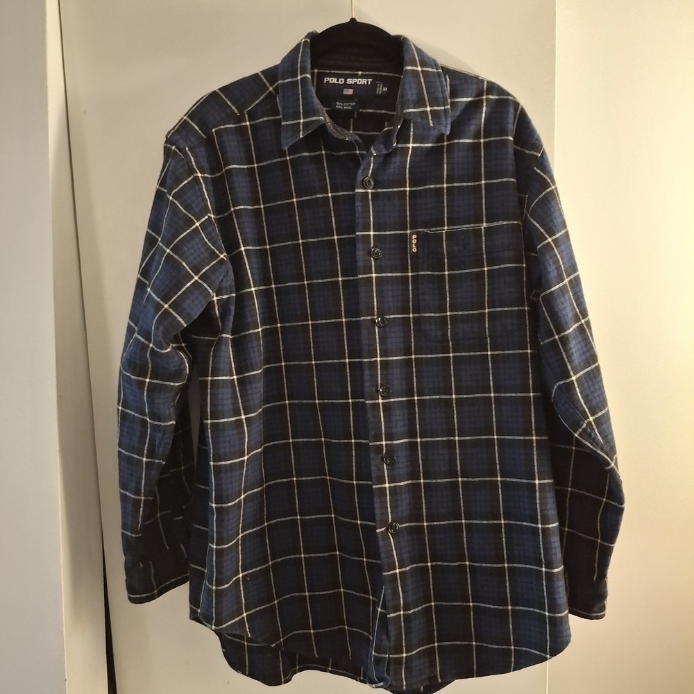 Polo Sport Men's Vintage Navy Checkered Wool Long Sleeve Button Up Shirt